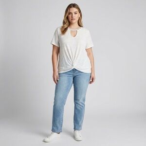 Chic White Women's Blouse with Keyhole Detail with rhinestones